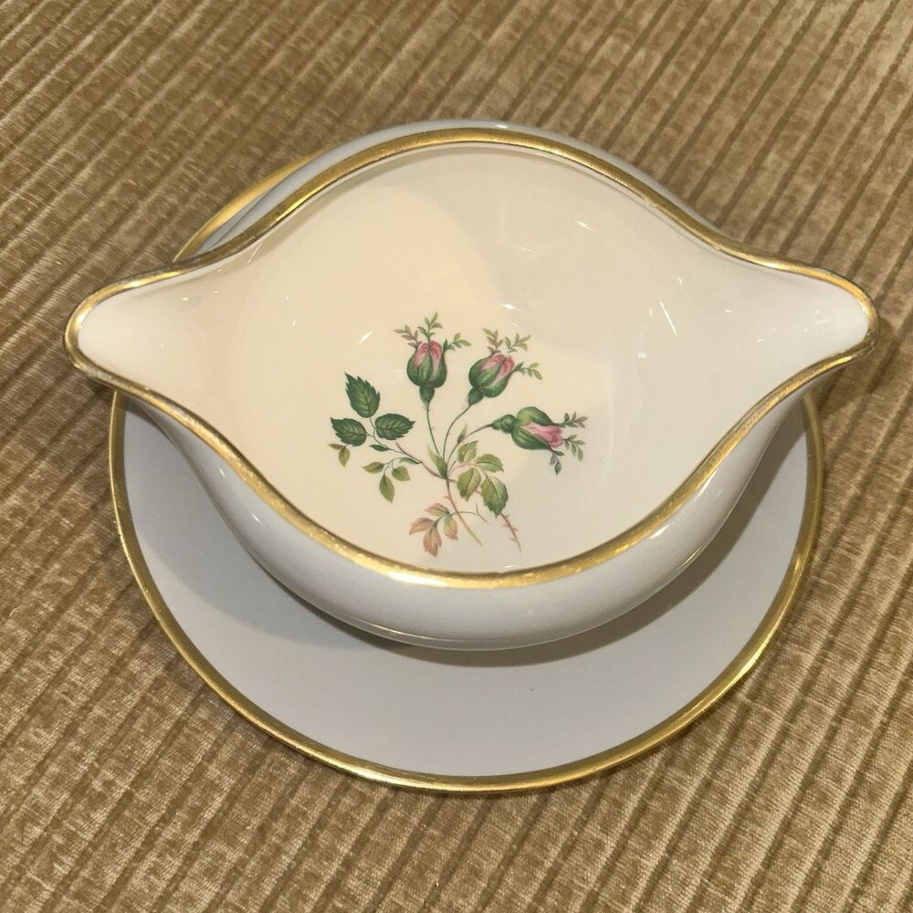 Flintridge China San Marino Rose Gravy Boat Attached Underplate Gray Gold Trim